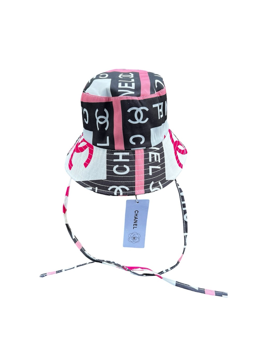 Auth ChaneI cloche Pink, White, black , Beige Tie Bucket Hat Gold/tone Logo